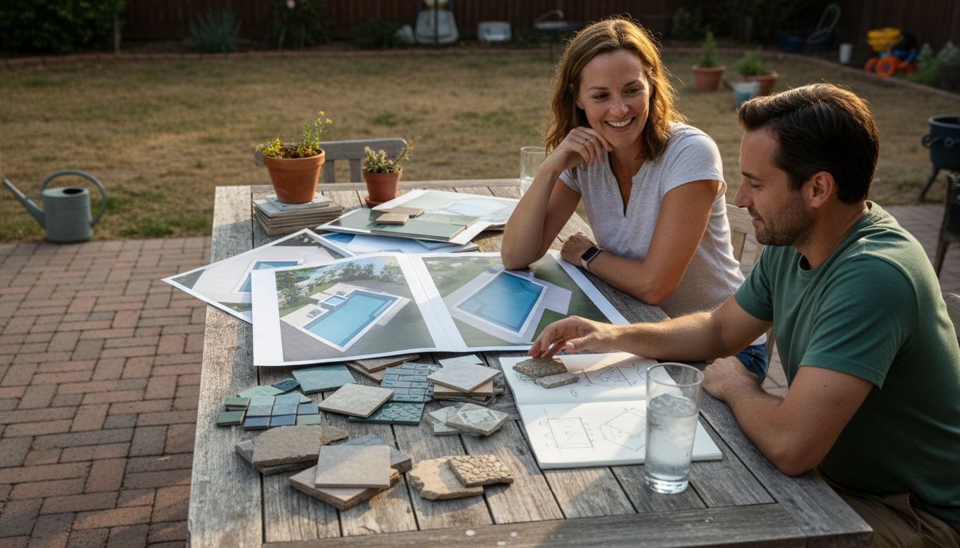 Homeowner meets pool designer with plans outside