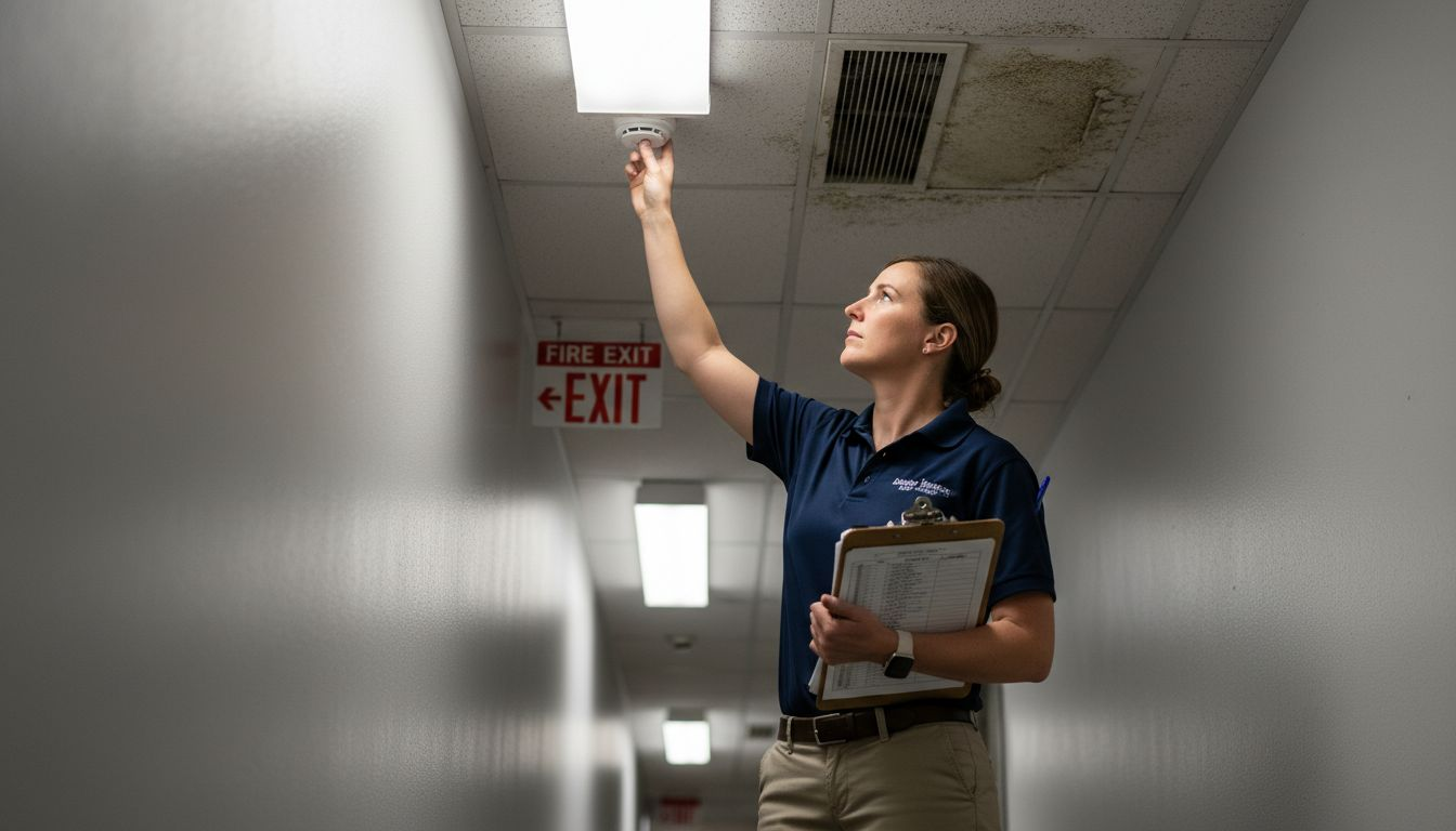 Manager tests smoke detector in hallway