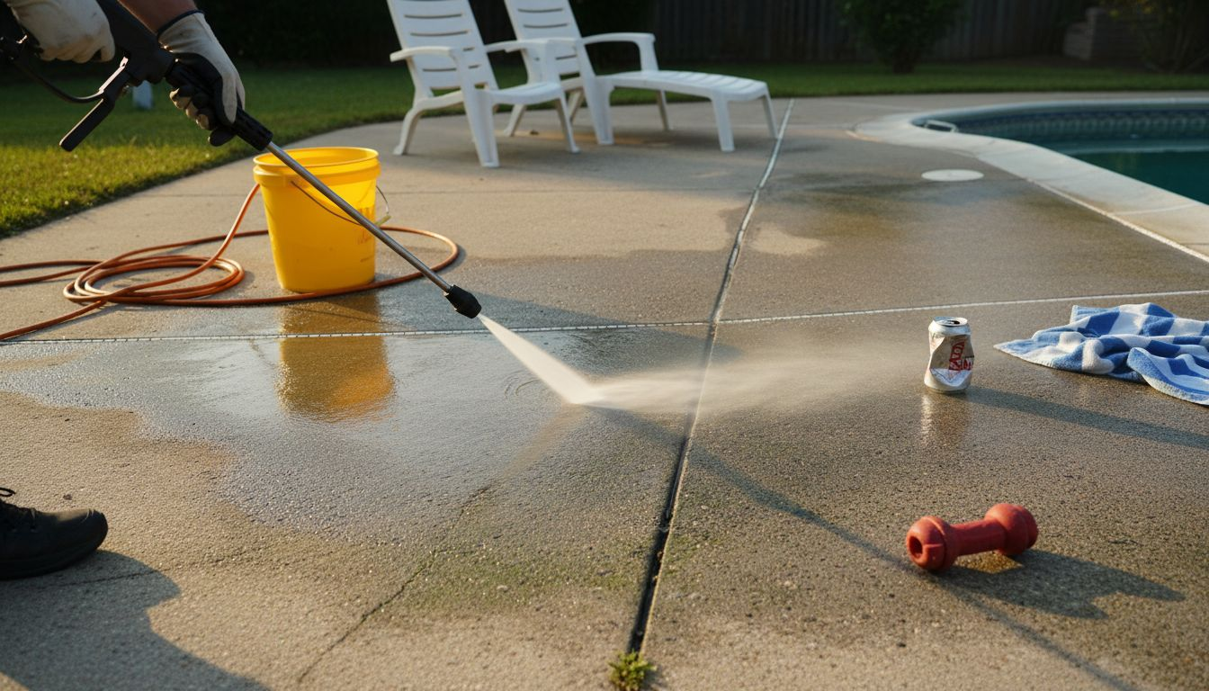 Hands using power washer on deck cracks