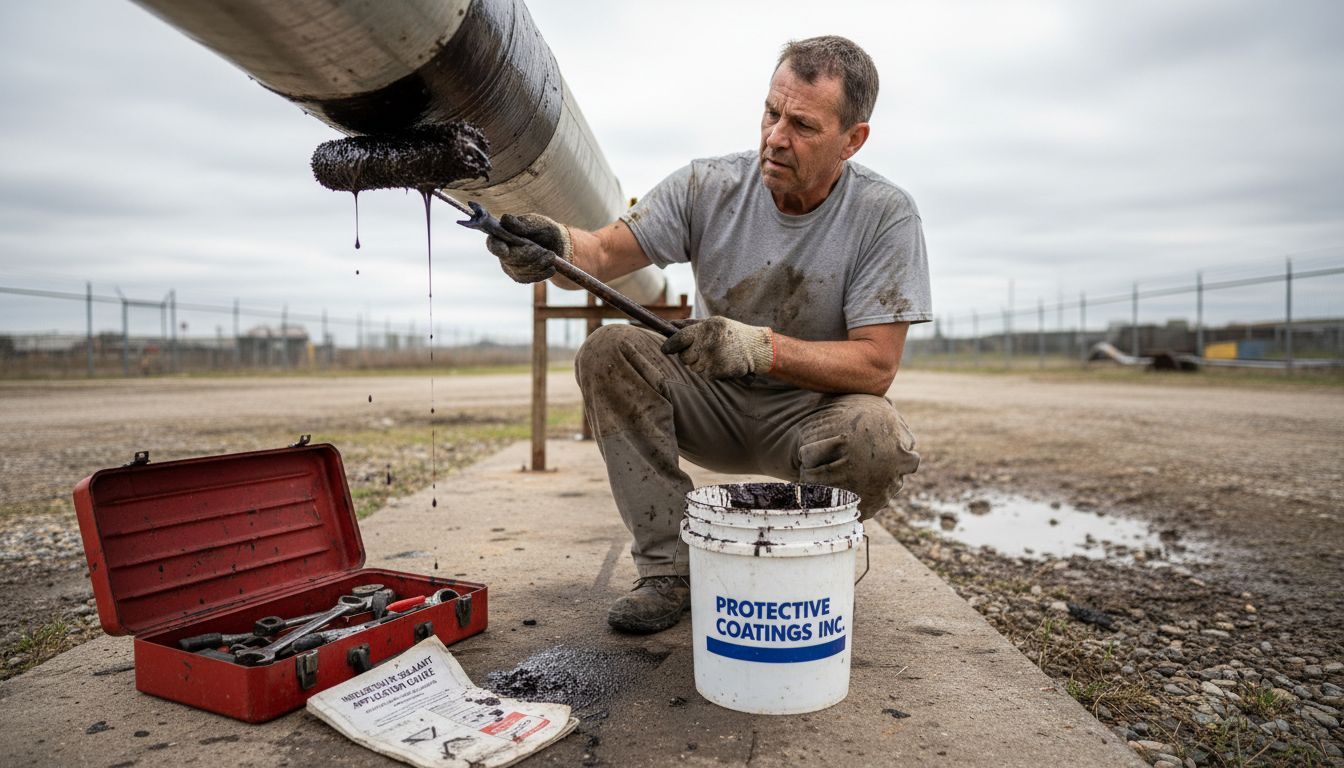 Worker applying protective coating on pipeline