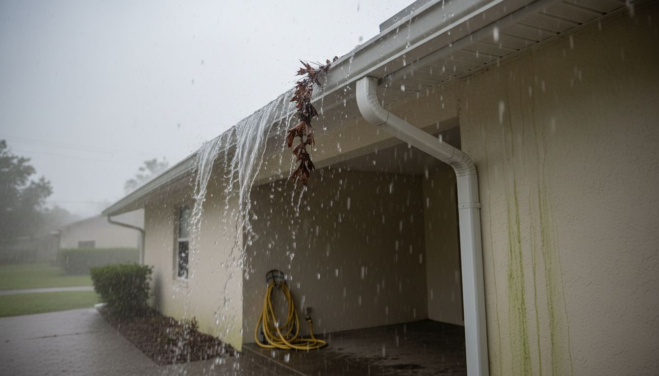 Overflowing gutters on Florida house in rain