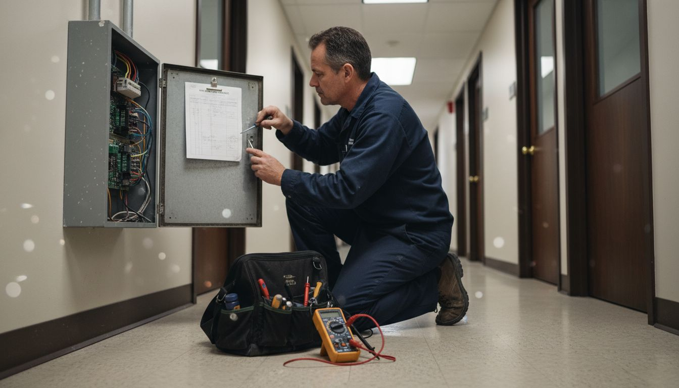 Technician servicing fire alarm control box in hallway
