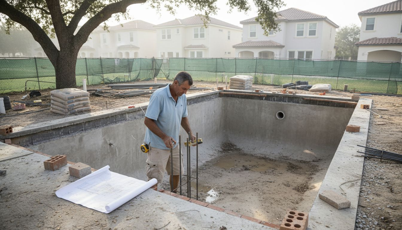 Contractor inspecting in-progress concrete pool