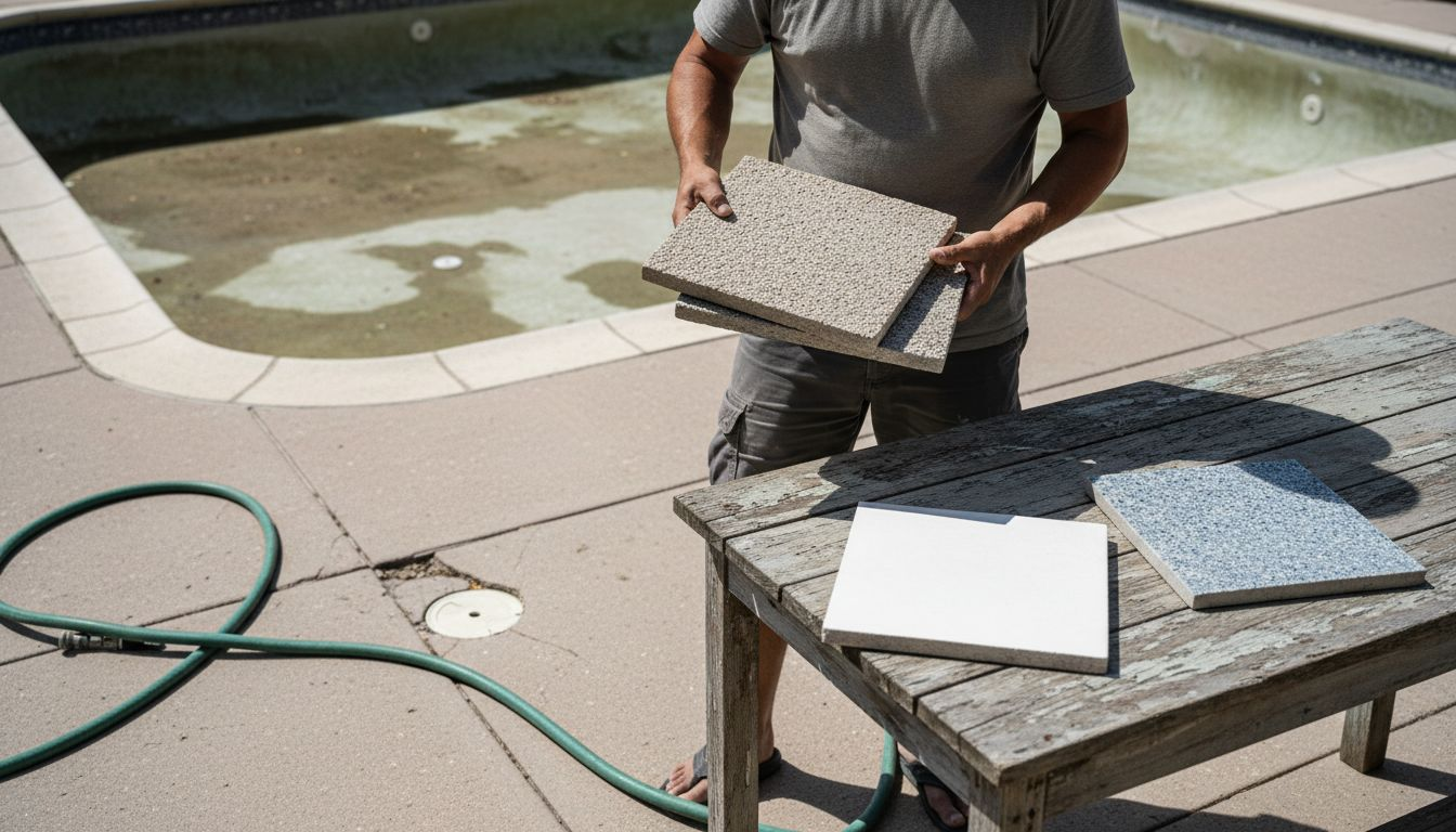 Man reviewing pool finish sample tiles outdoors
