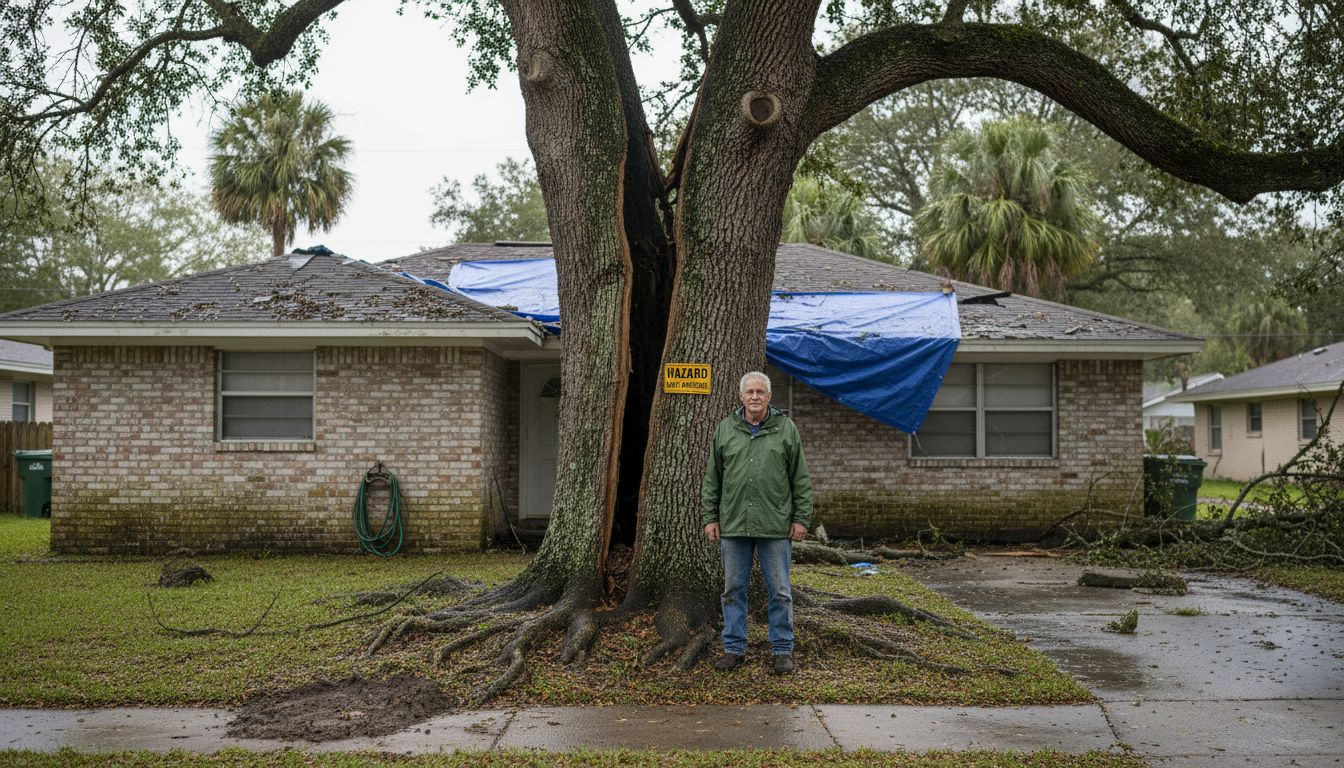 Role of Emergency Tree Services in Central Florida 1 Homeowner beside storm damaged tree