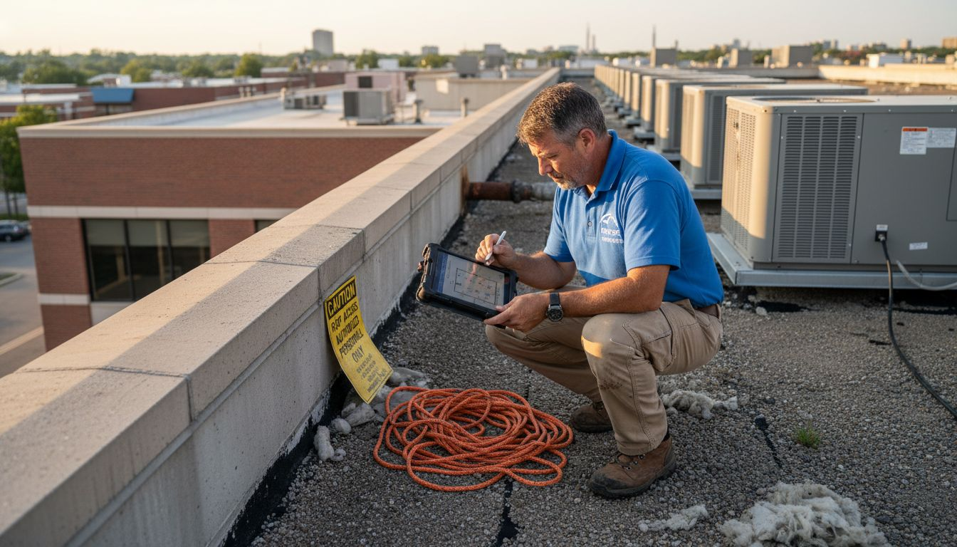 Inspector checking roof next to HVAC units