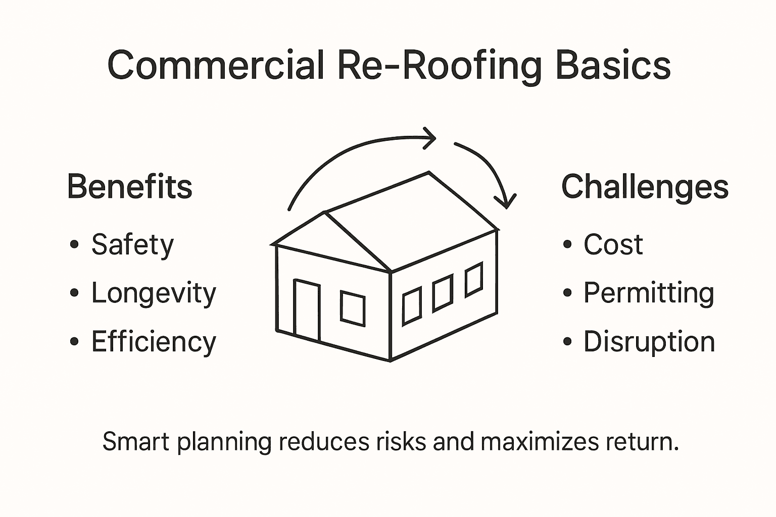 Infographic commercial reroofing main benefits and challenges