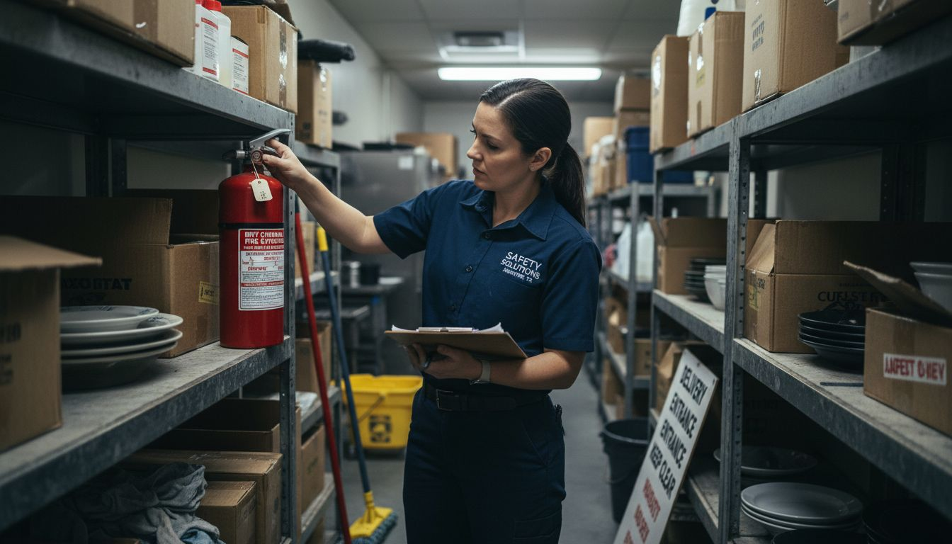Safety officer visually inspecting fire extinguisher
