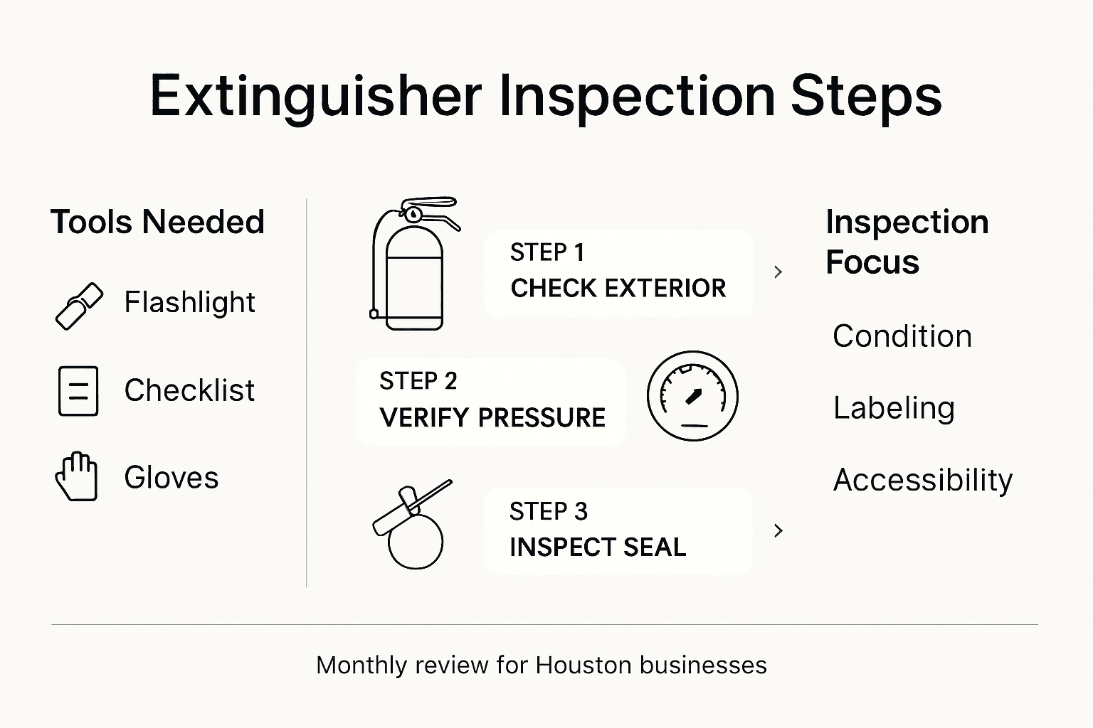 Infographic illustrating key extinguisher inspection steps