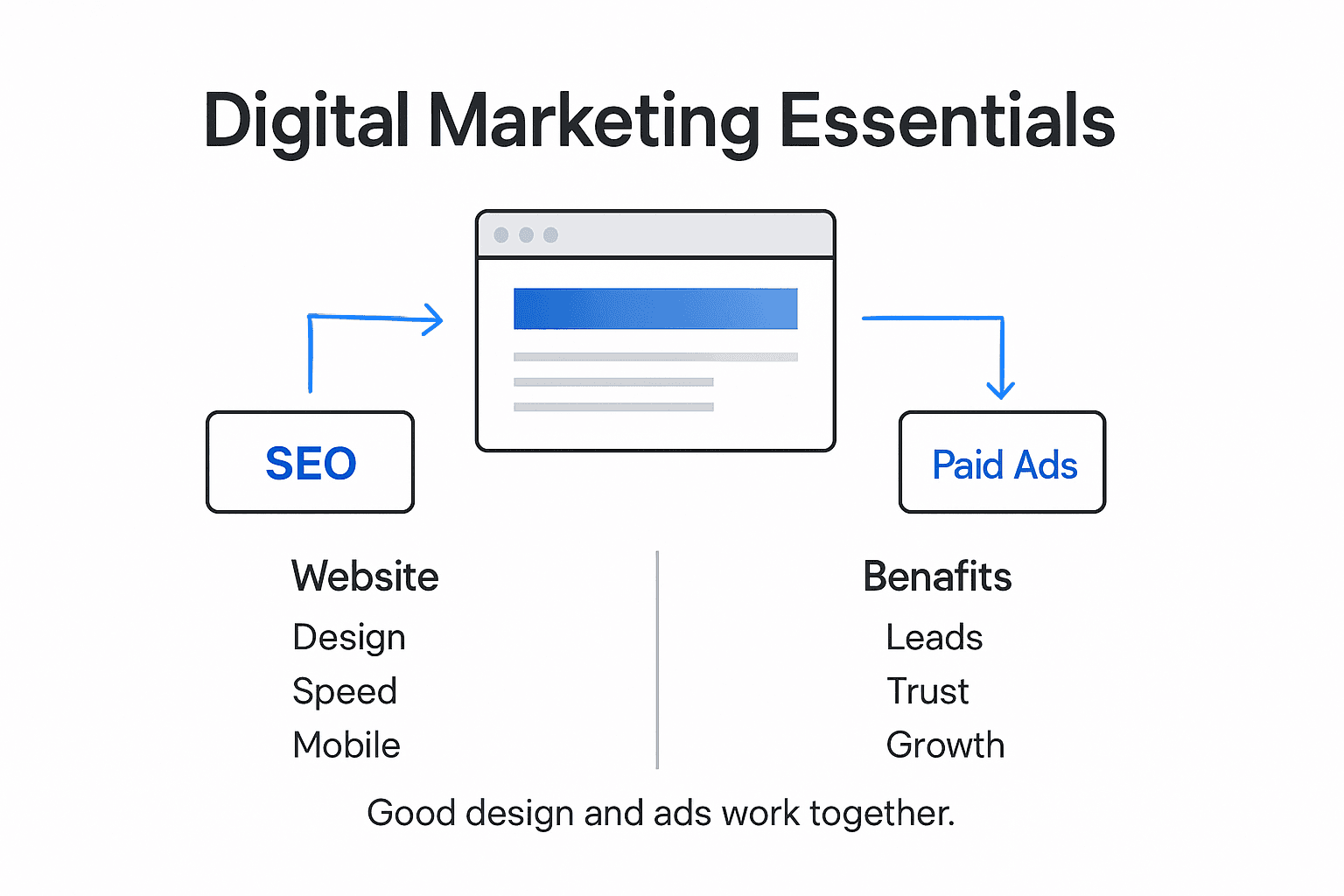 Infographic showing website, SEO, and paid ads roles