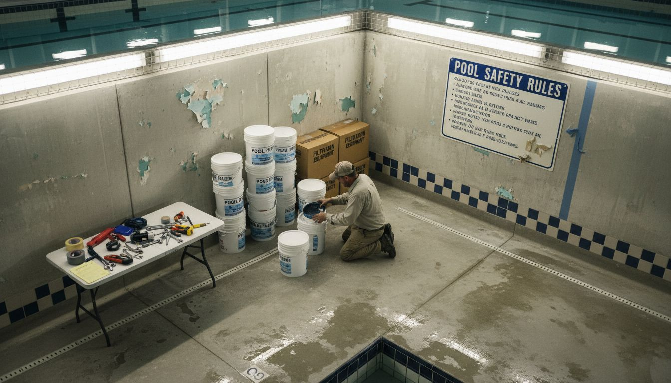 Staging area with pool renovation materials