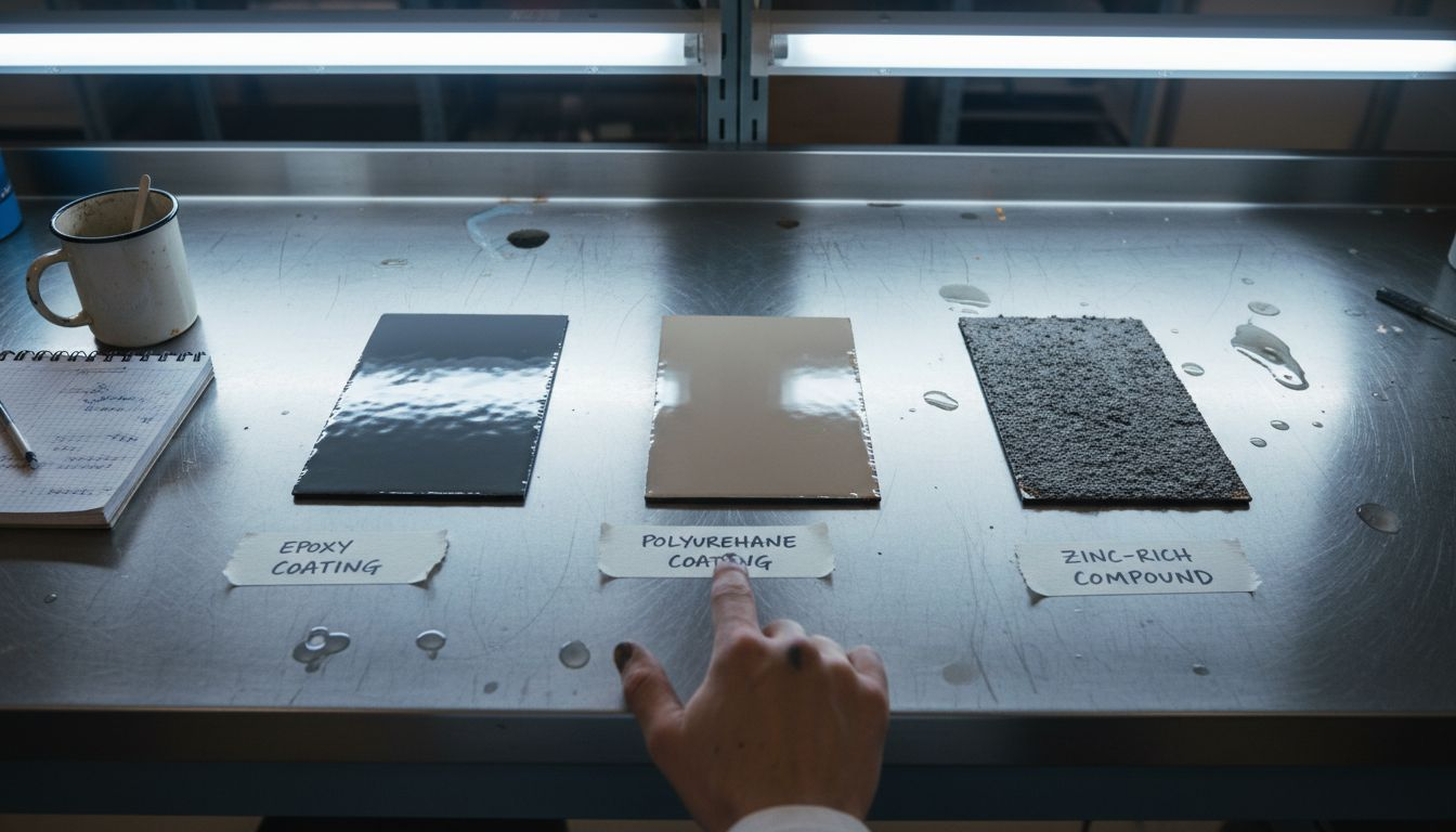 Three coated metal samples on lab table