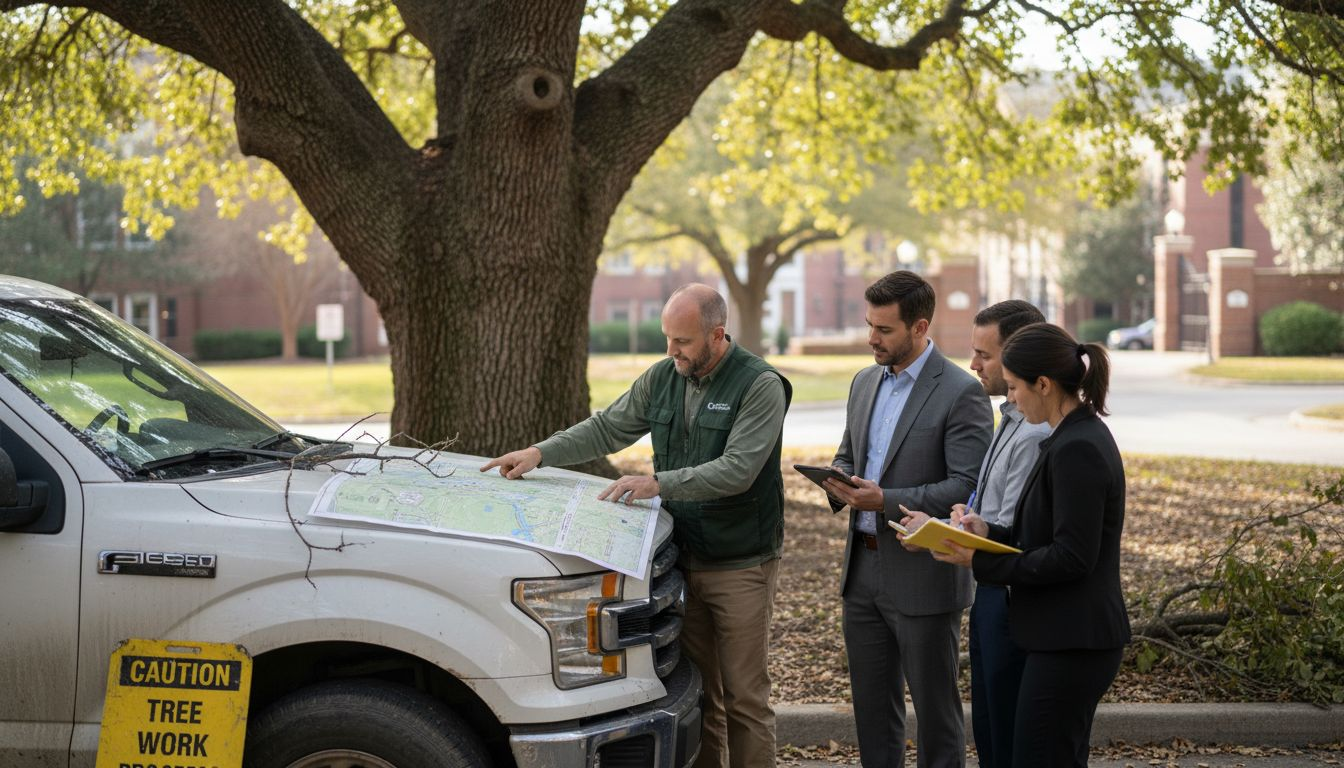Arborist planning tree trimming with staff