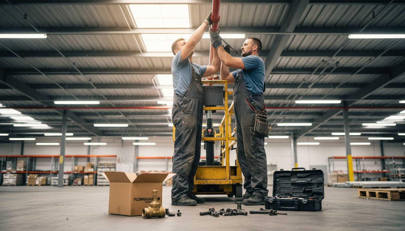 Technicians mounting fire sprinkler pipes in warehouse