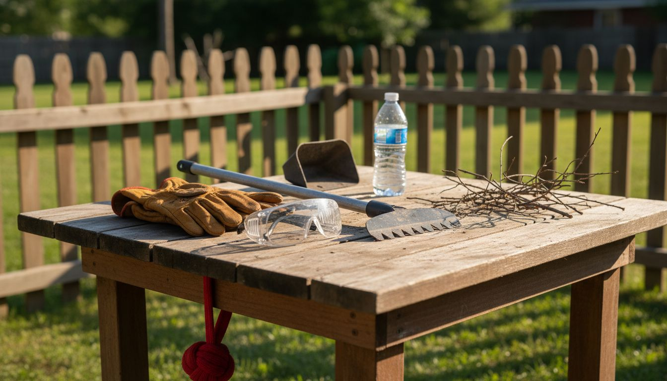 Gutter safety gear and cleaning tools laid out