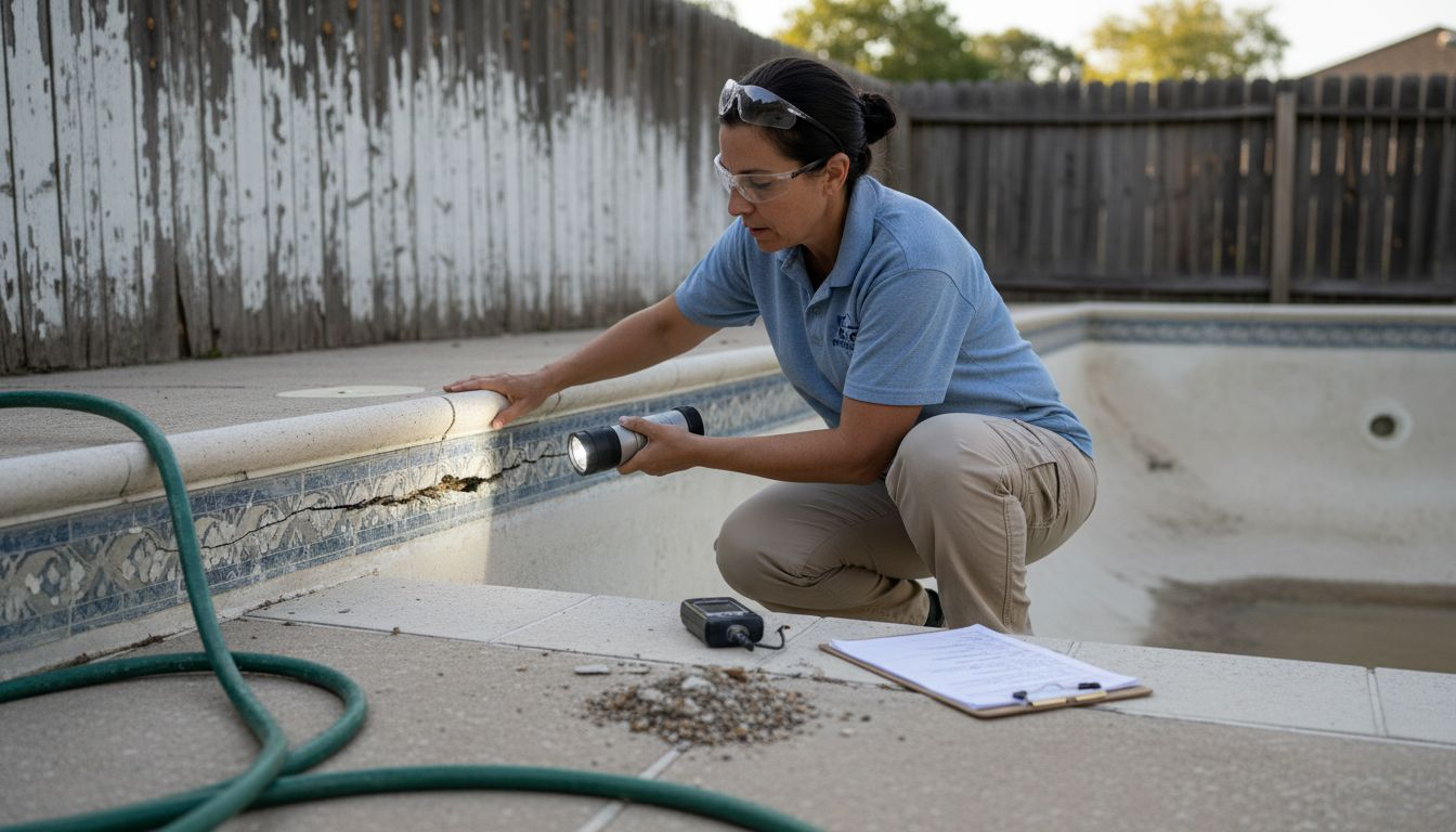 Inspector checking pool wall for cracks