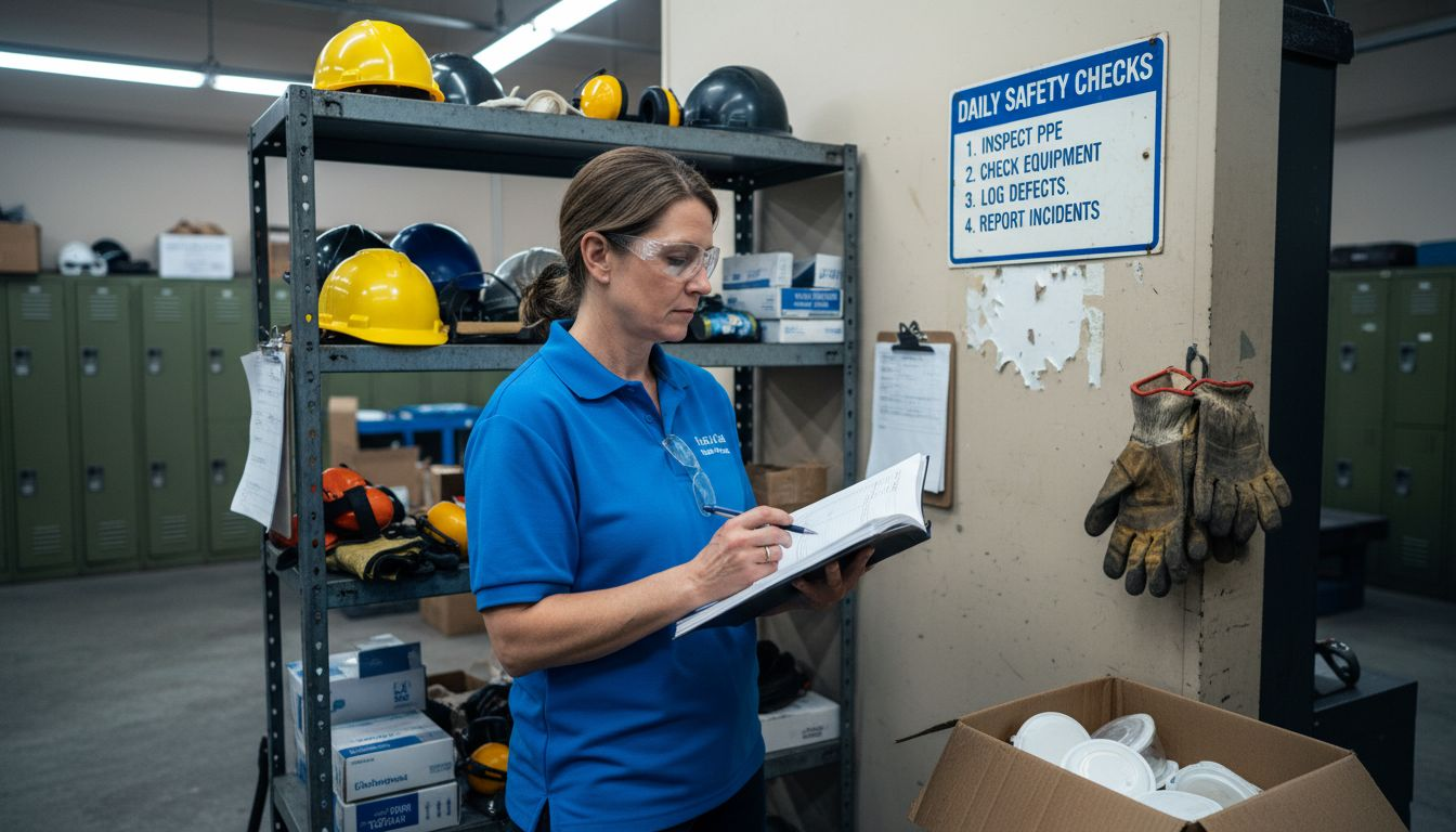 Supervisor inspects PPE in maintenance shop