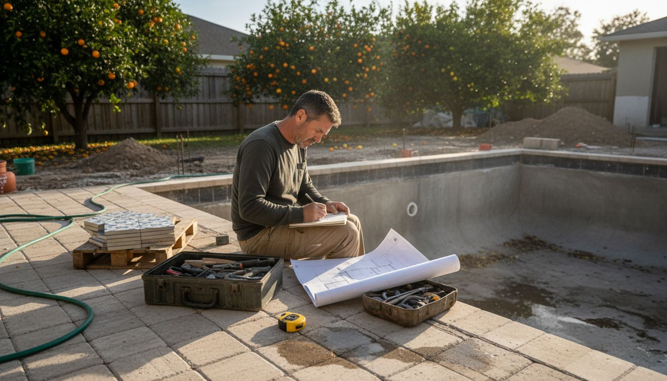 Pool designer sketches features at construction site