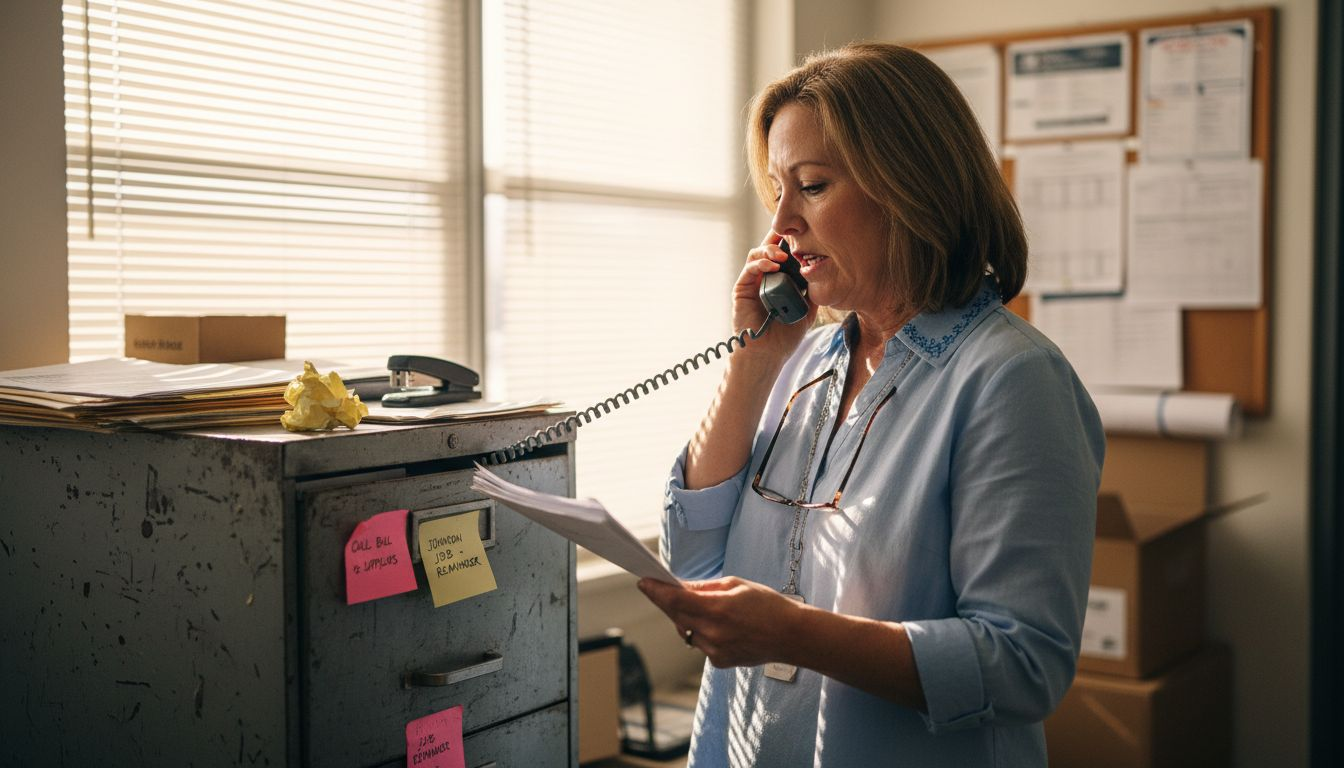 Manager organizes lead funnel paperwork at filing cabinet