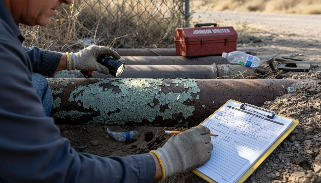 Worker inspecting coating on utility pipes