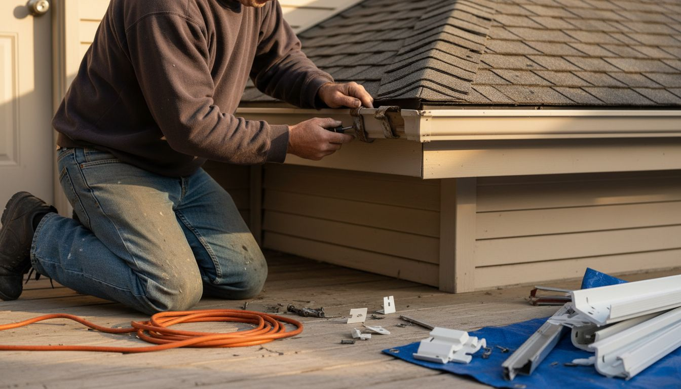 Worker removing old gutters safely