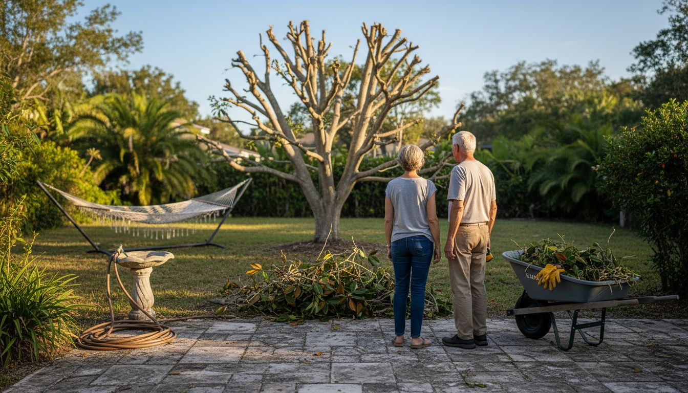 Couple observing pruned magnolia in yard