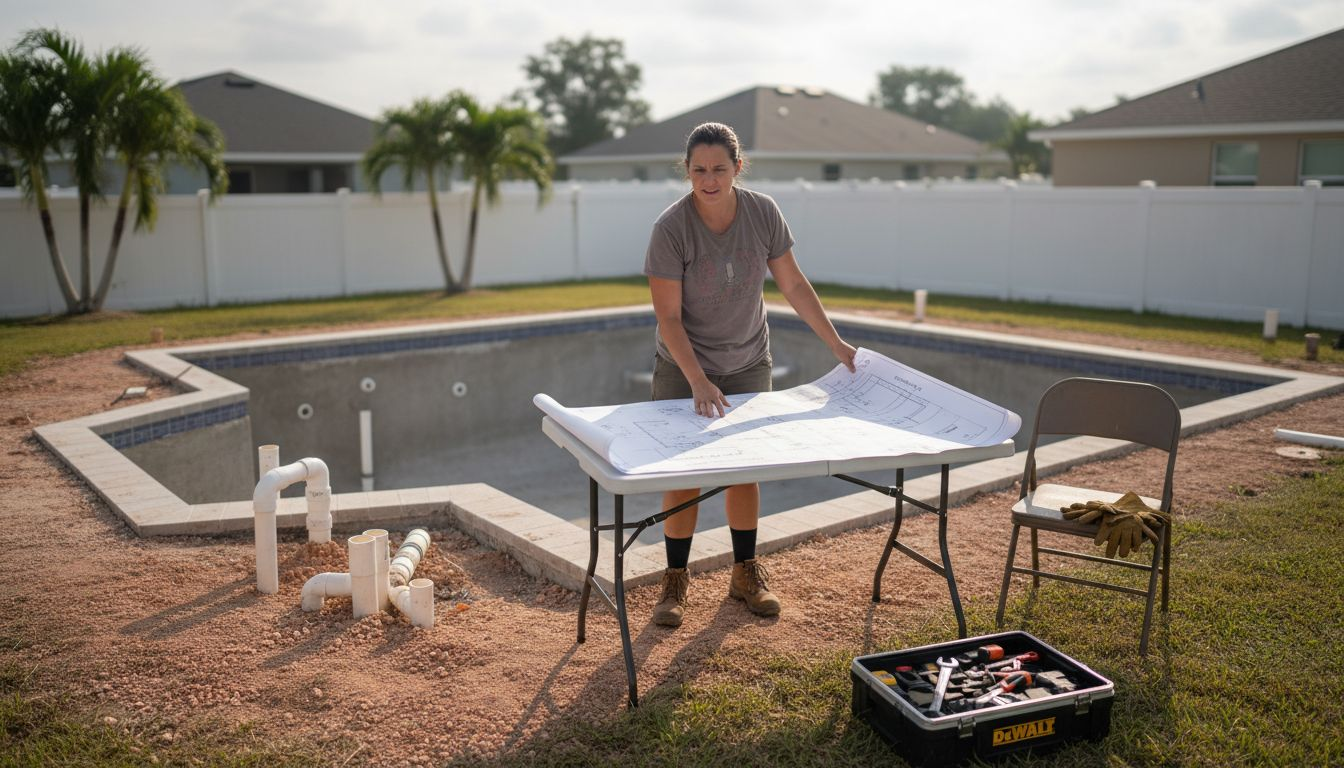 Designer viewing custom pool build site