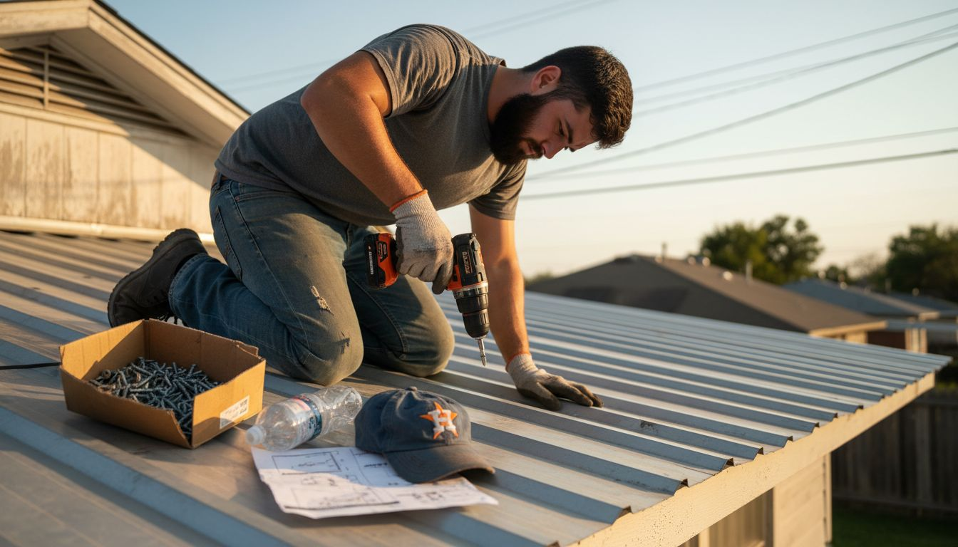 Installer working on Houston metal roof panel