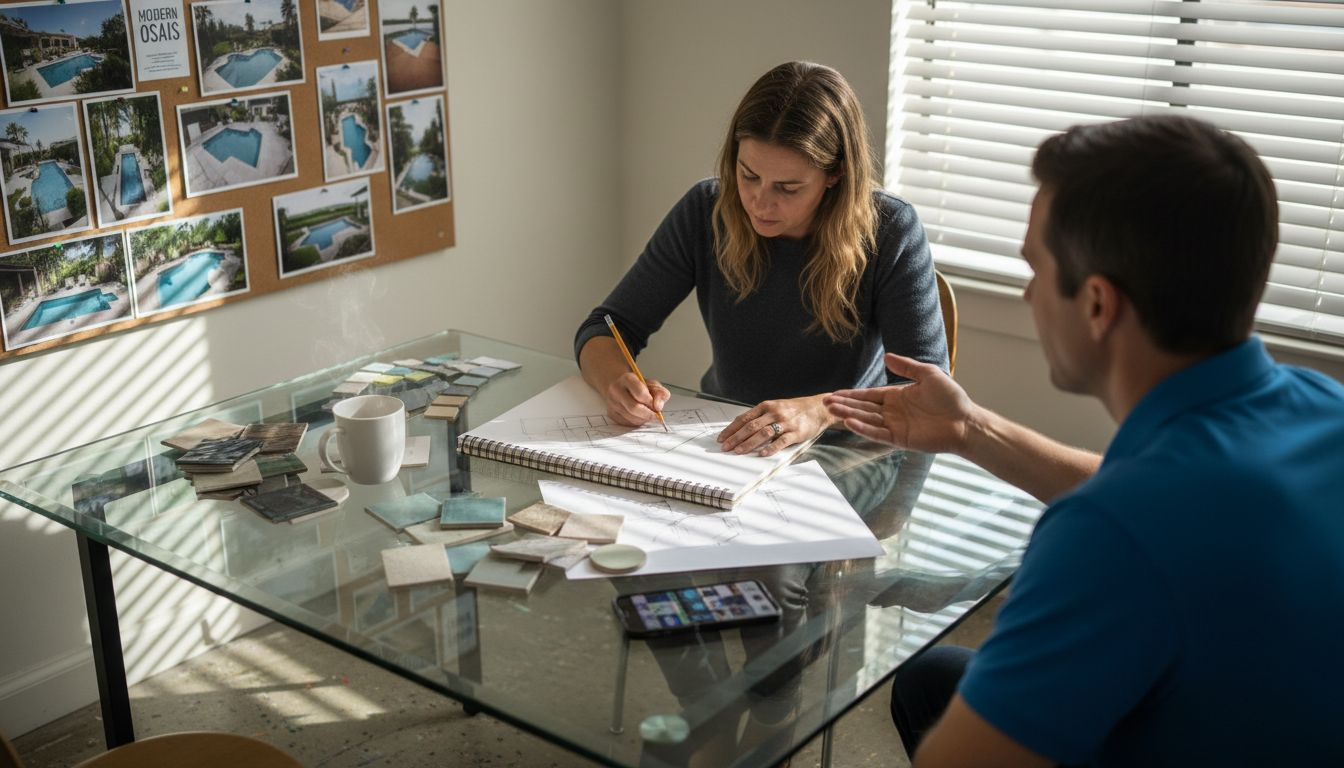 Designer and client discuss custom pool sketches
