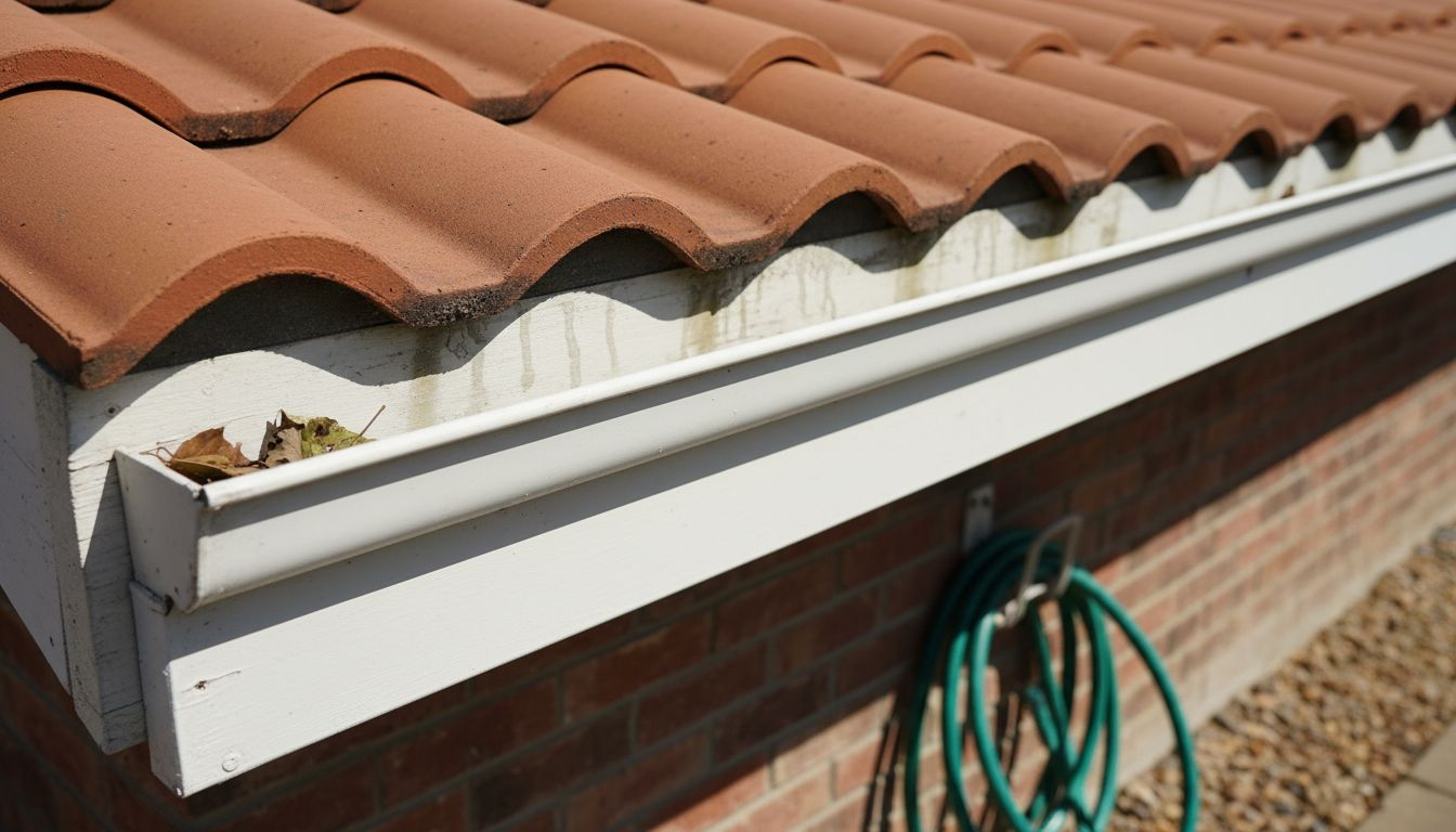 Closeup of K-style seamless aluminum gutter on house