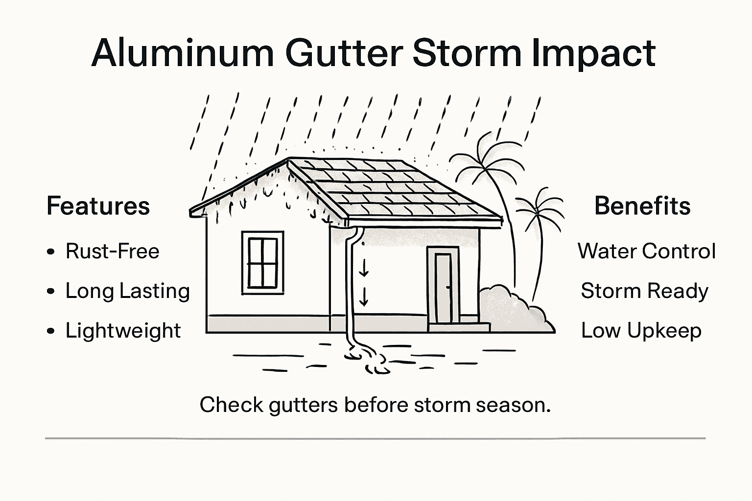 Infographic showing aluminum gutter storm protection features