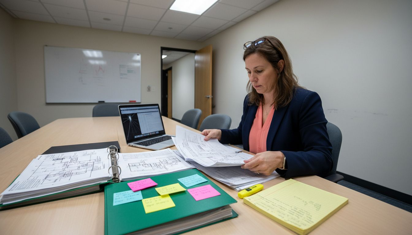 Manager reviewing fire alarm paperwork at table