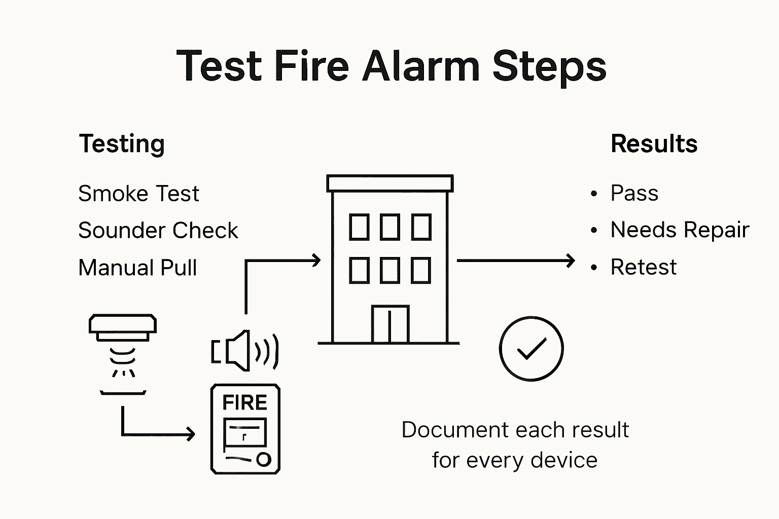 Infographic of fire alarm test steps and results