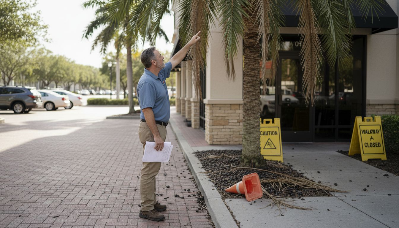 Manager identifying safety hazards from palm fronds