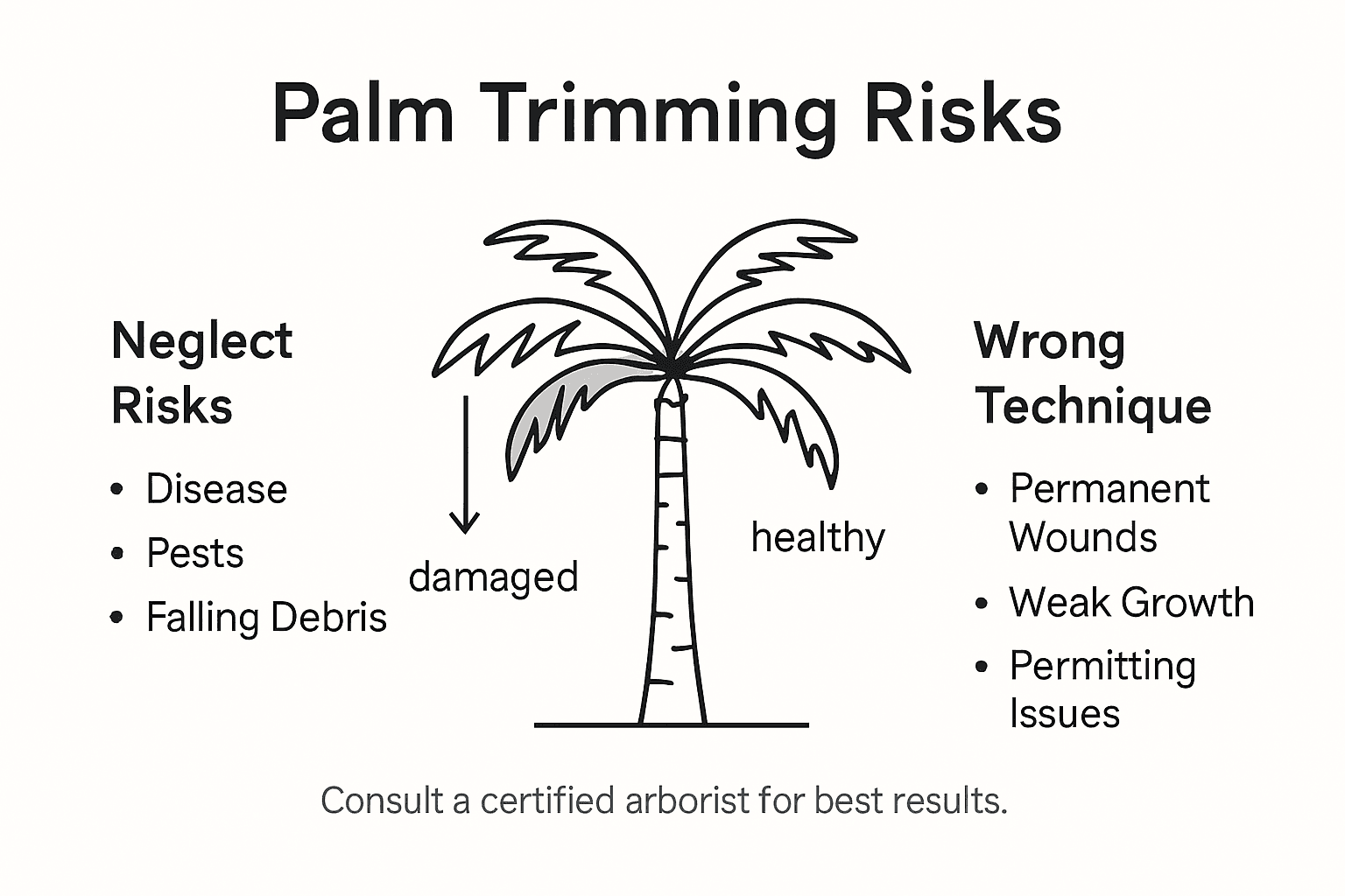 Infographic showing palm trimming risks and solutions