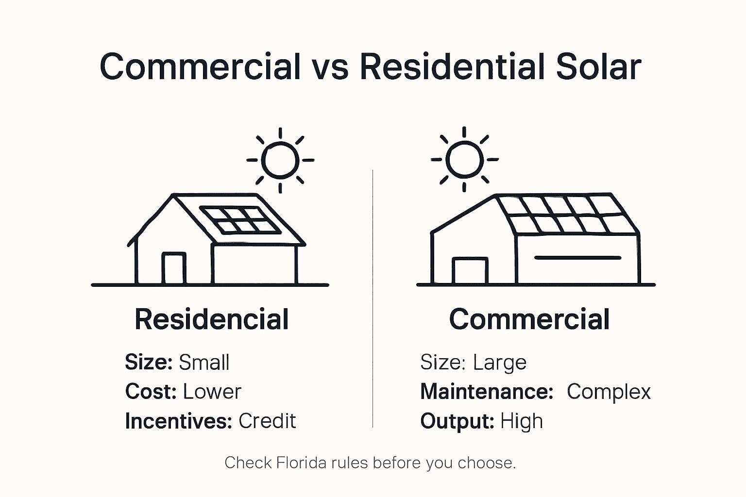 Commercial vs Residential Solar: What Florida Owners Need to Know 1 Infographic comparing commercial and residential solar
