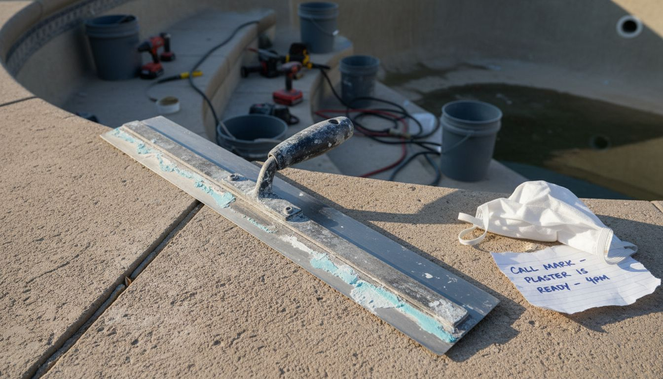 Pool trowel and tools close up in use