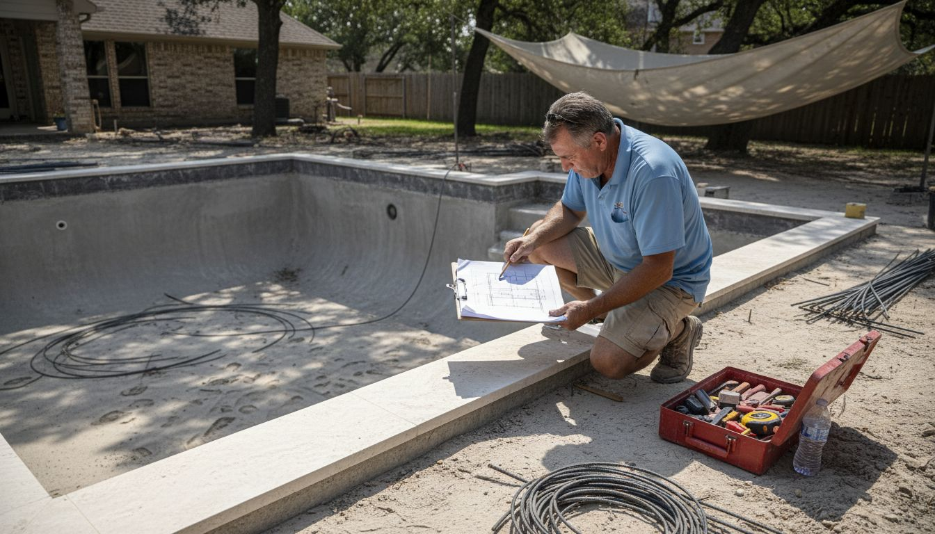 Pool builder reviewing construction site details