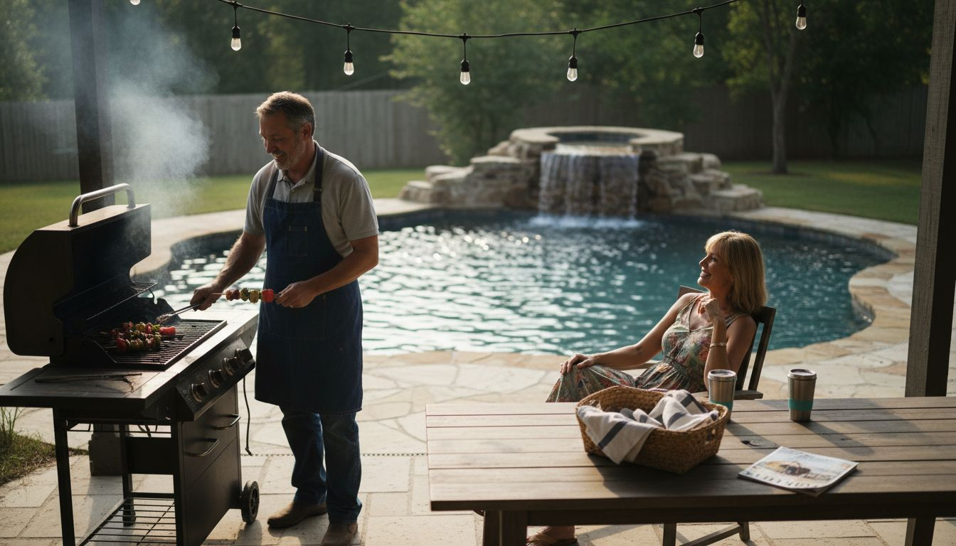 Couple grilling beside custom pool patio