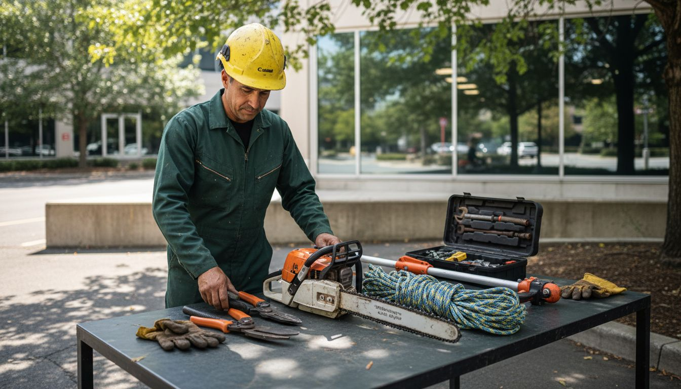 Arborist preparing tree trimming equipment outdoors