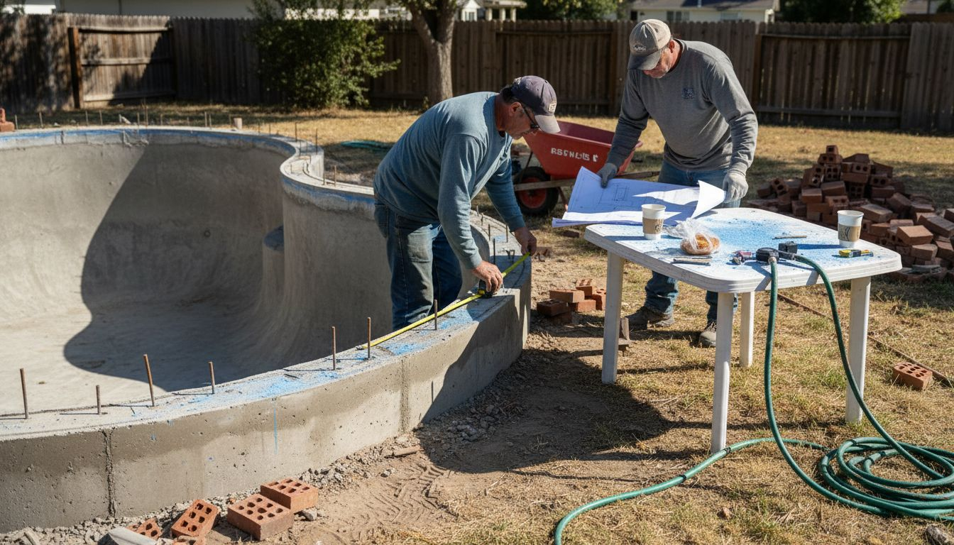 Pool installers working on custom concrete pool