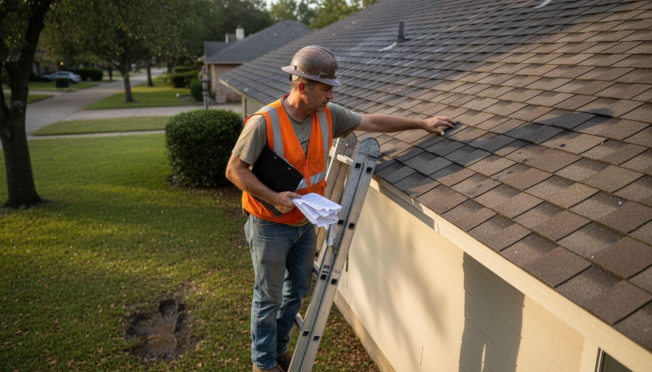 Inspector checking Houston roof for storm damage