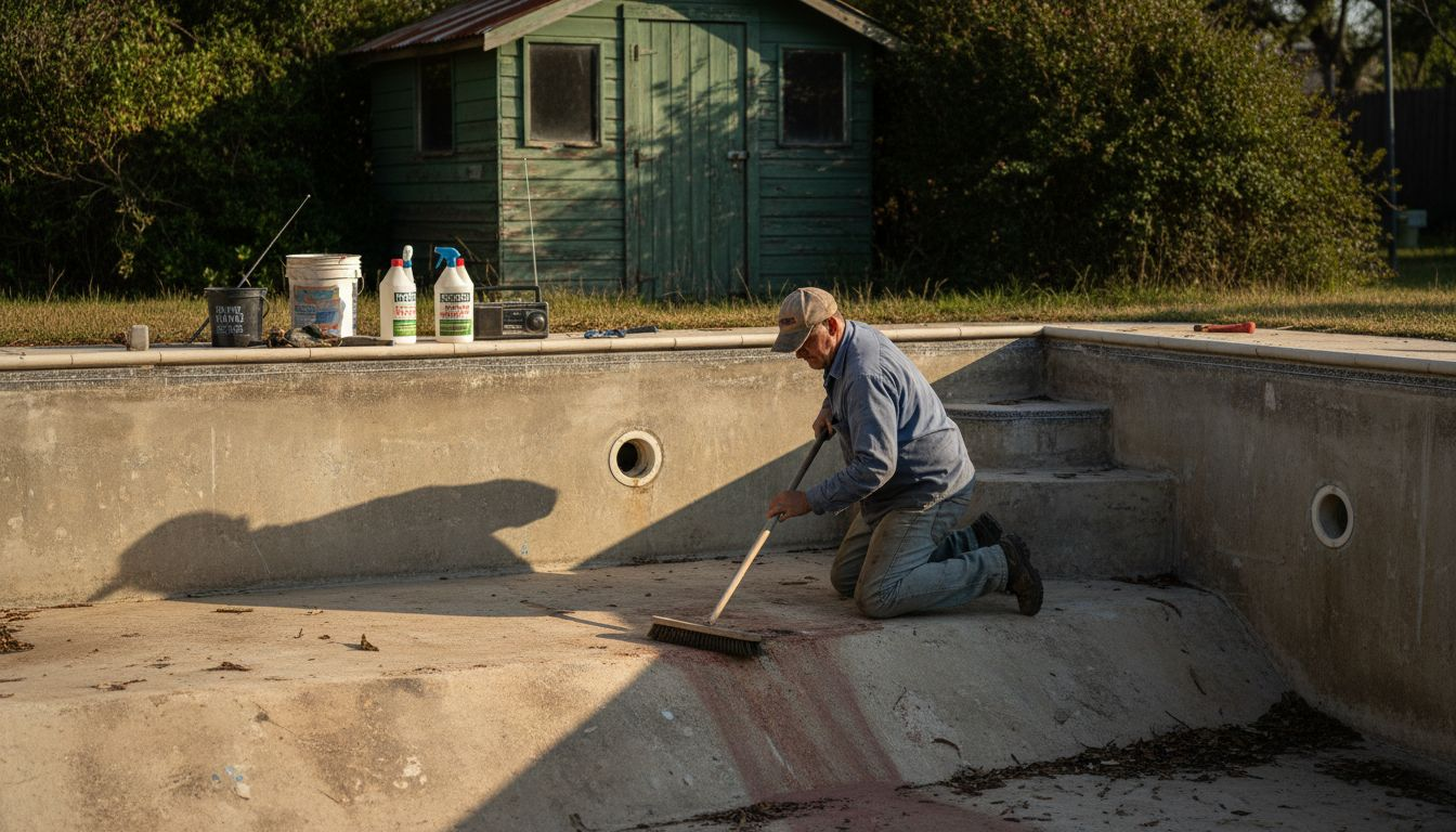 Worker cleaning empty old pool before remodeling