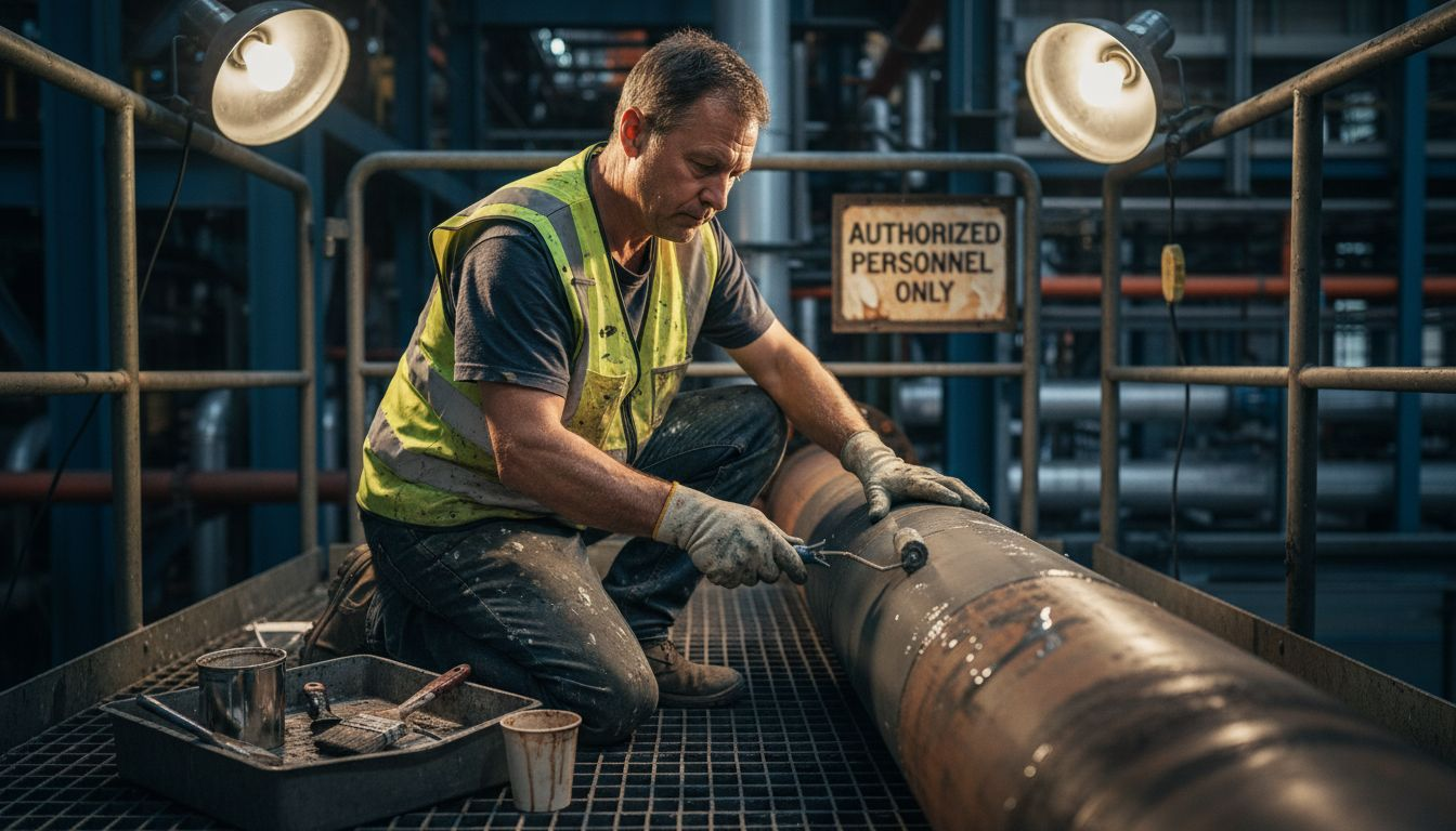 Technician applying protective coating to steel pipe