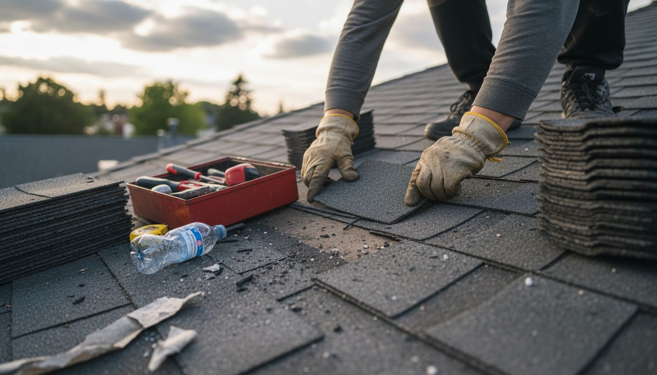 Closeup of hands repairing damaged roof