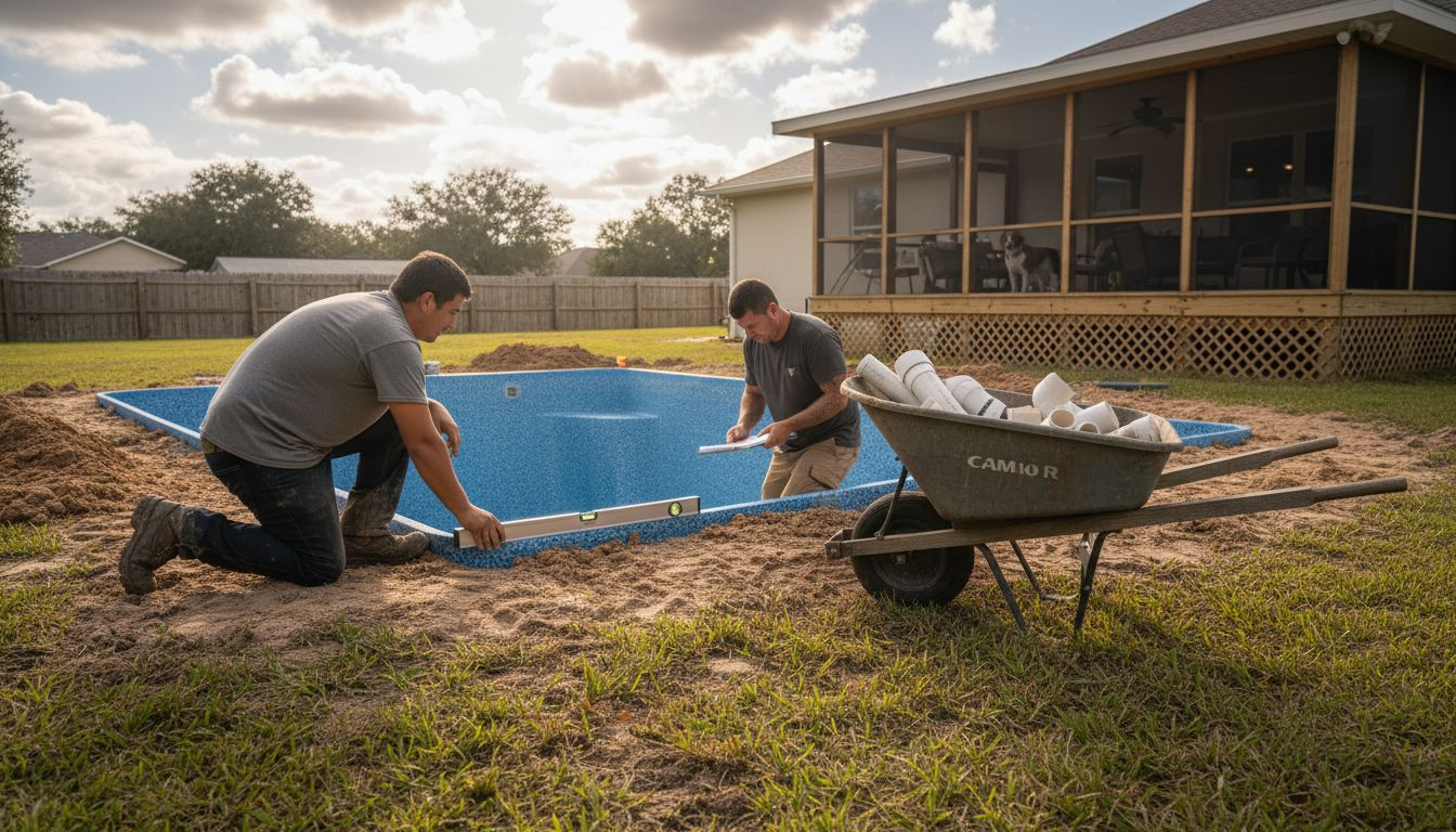 Workers installing fiberglass pool shell outdoors