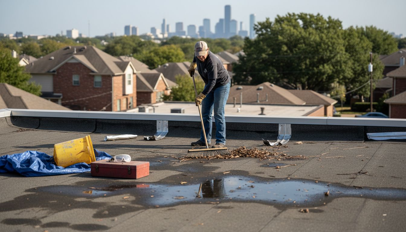 Sweeping debris from a flat commercial roof