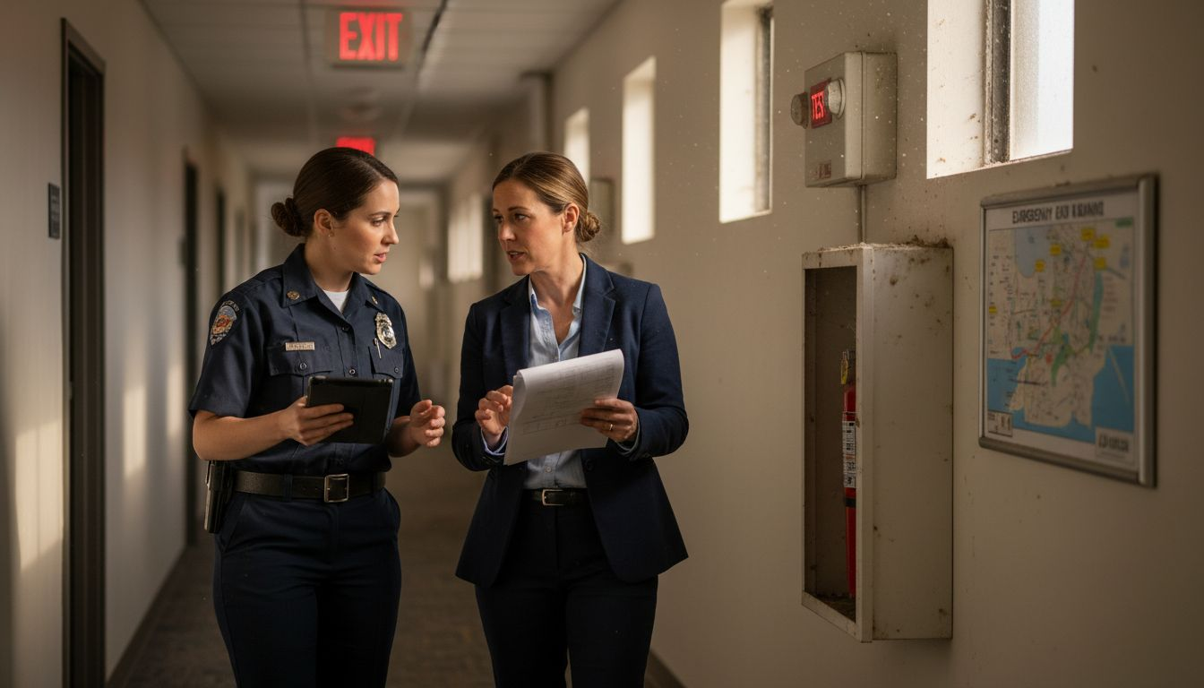 Inspector walking through office with owner