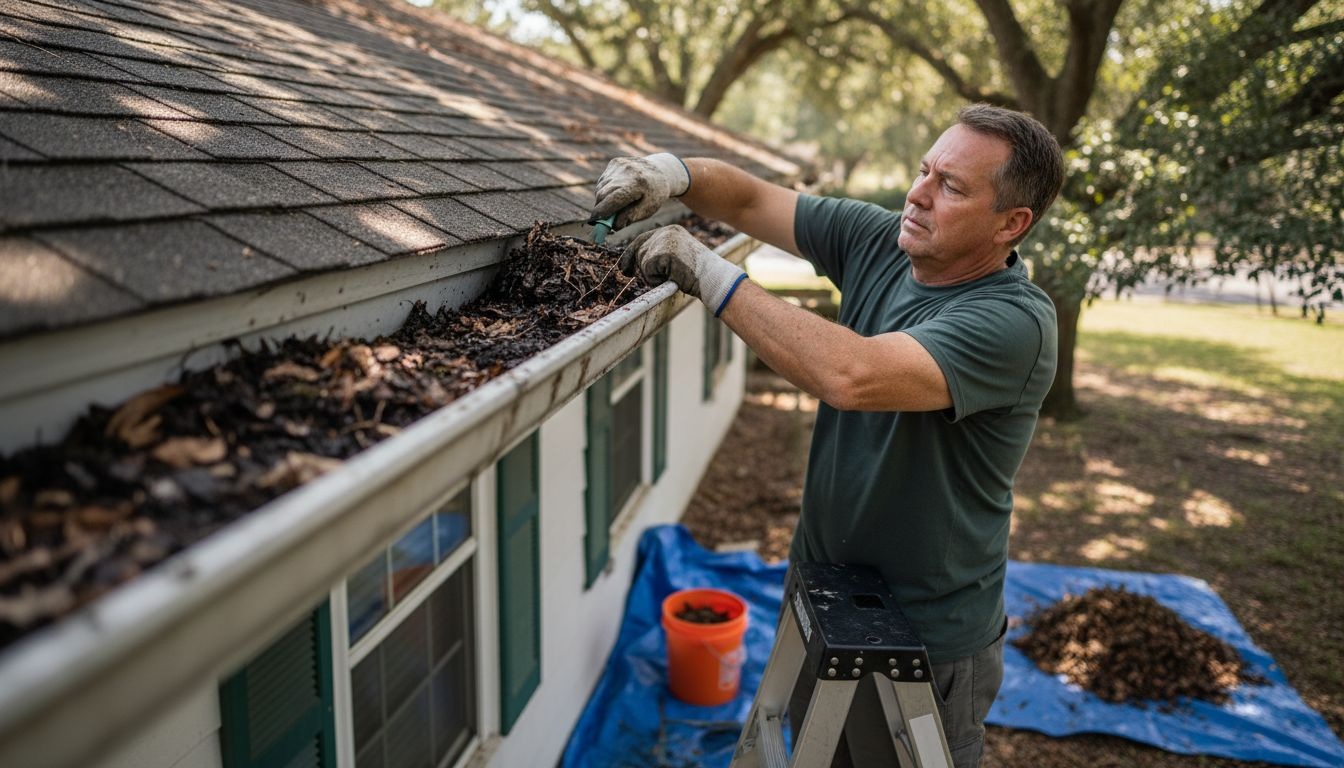 Homeowner cleaning debris from house gutter