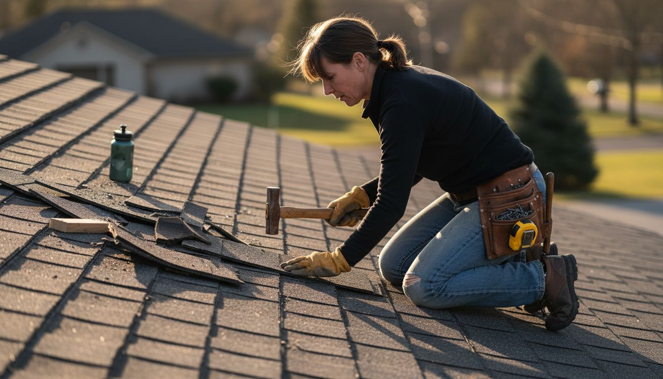 DIYer installing new roof shingles